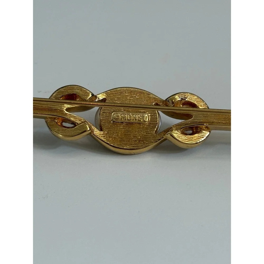Monet Vintage Gold Tone Faux Pearl Rhinestone Bar Brooch Pin Scroll Design